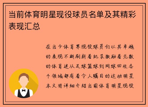 当前体育明星现役球员名单及其精彩表现汇总