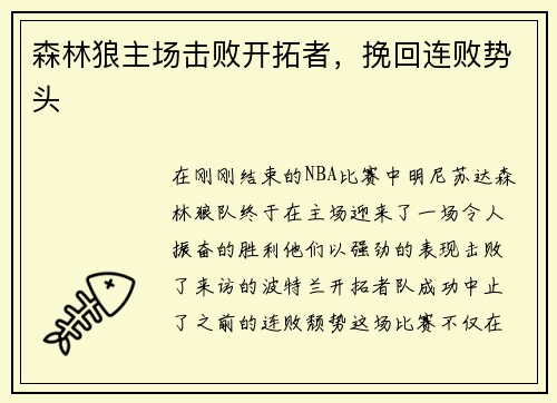 森林狼主场击败开拓者，挽回连败势头